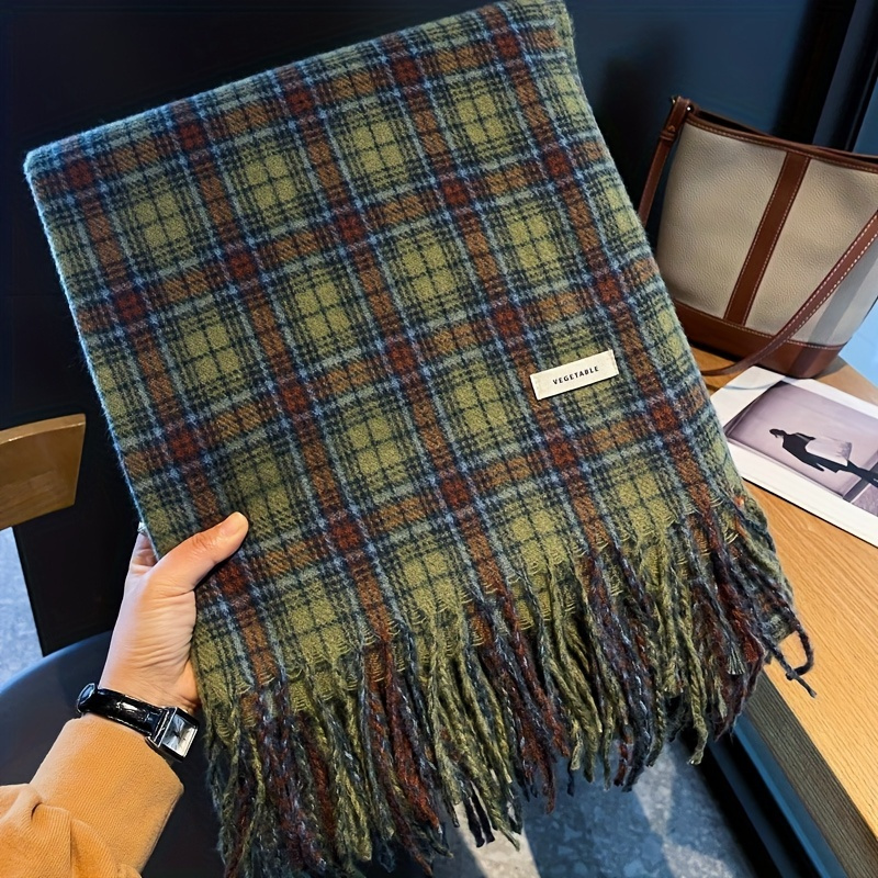 Cashmere Pashmina Wrap - Vintage Grün Plaid Quaste Schal Frauen