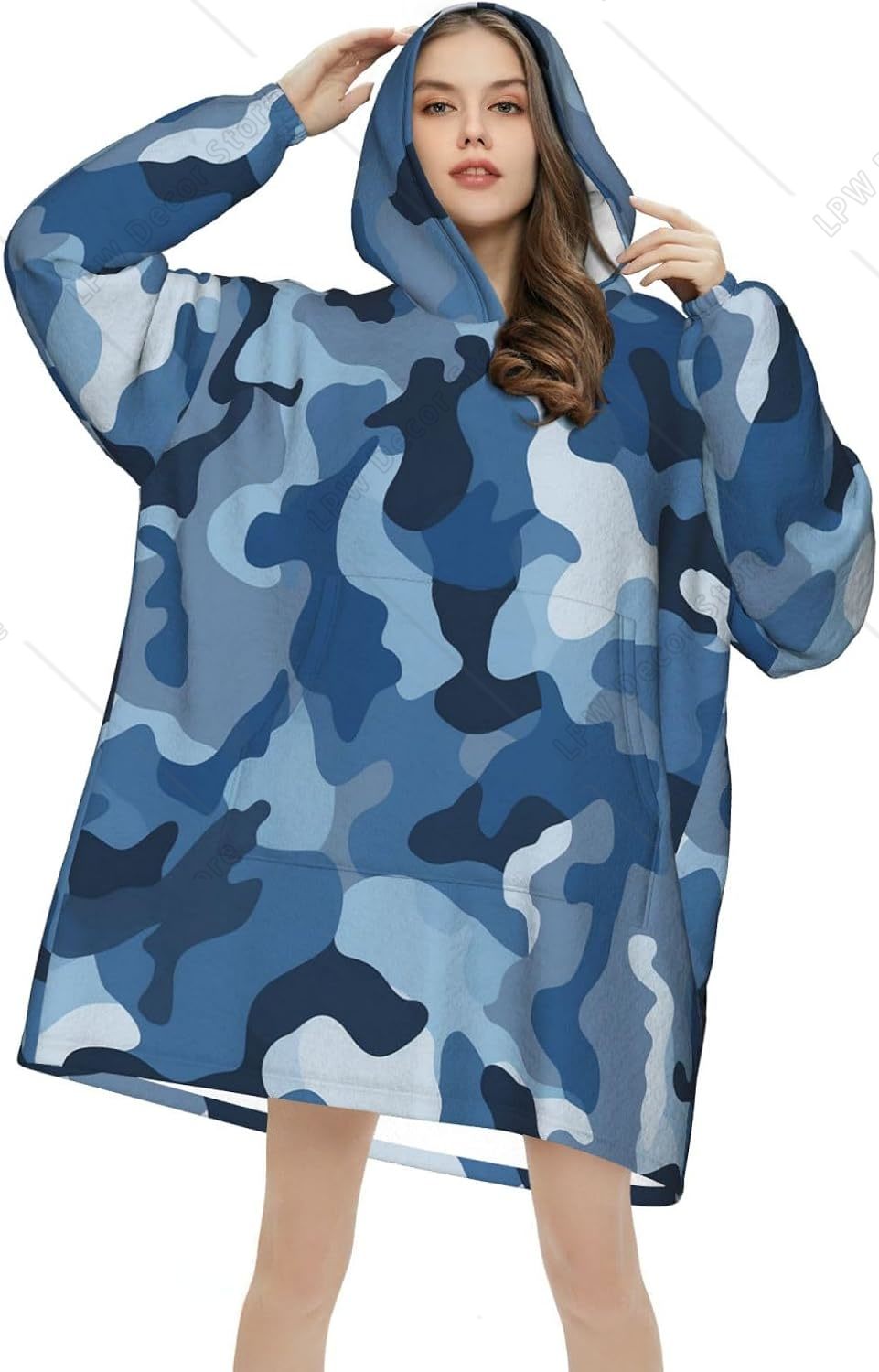 Sherpa Hoodie Fleece - Klassische Blaue Tarnmuster Tragbare Decke mit