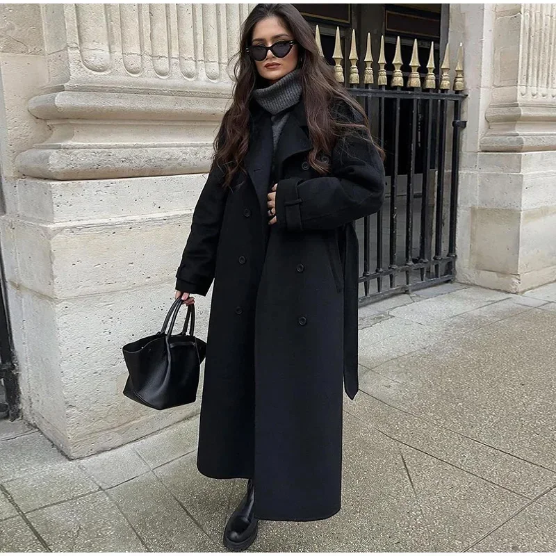 Wool Coat Peacoat - Elegante Grau Gürtel Lange Faux Woolen