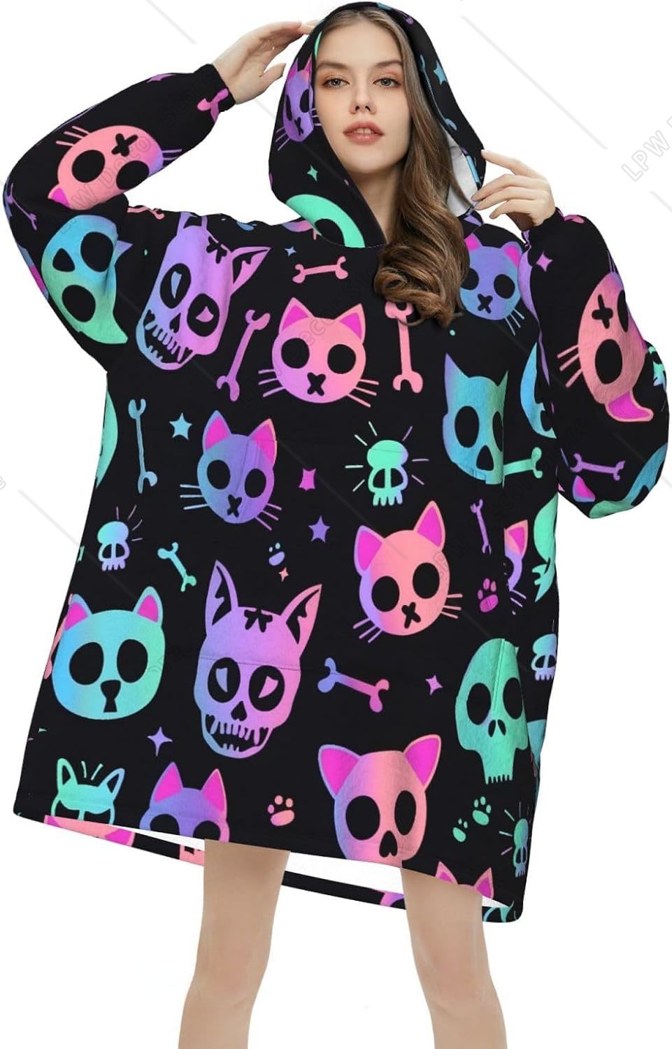 Sherpa Hoodie Fleece - Katzenschädel-Motiv Tragbare Decke mit Kapuze Übergroßer