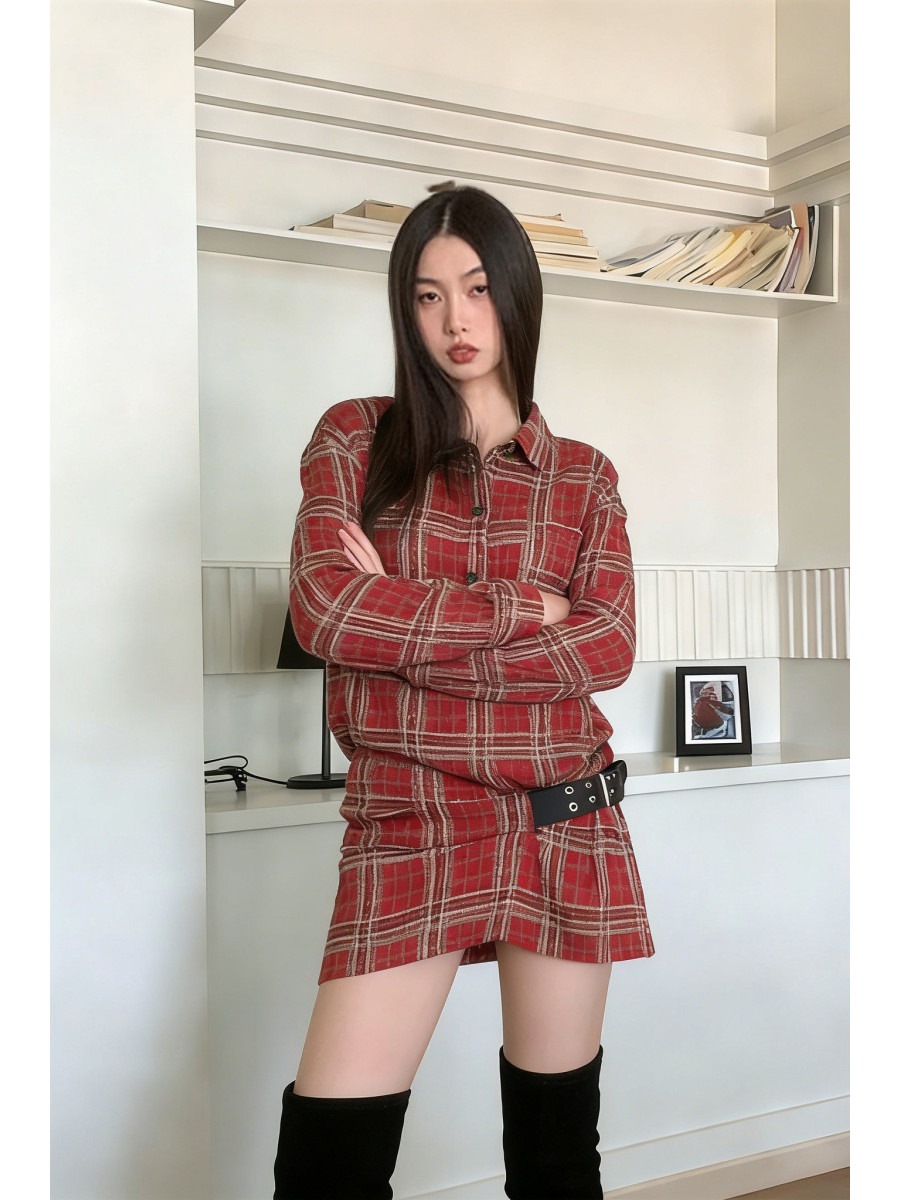 Flannel Shirt Lined - Punk-Kariertes Flanellhemdkleid mit Gürtelschnalle im Early-Fashion-Show-Stil,