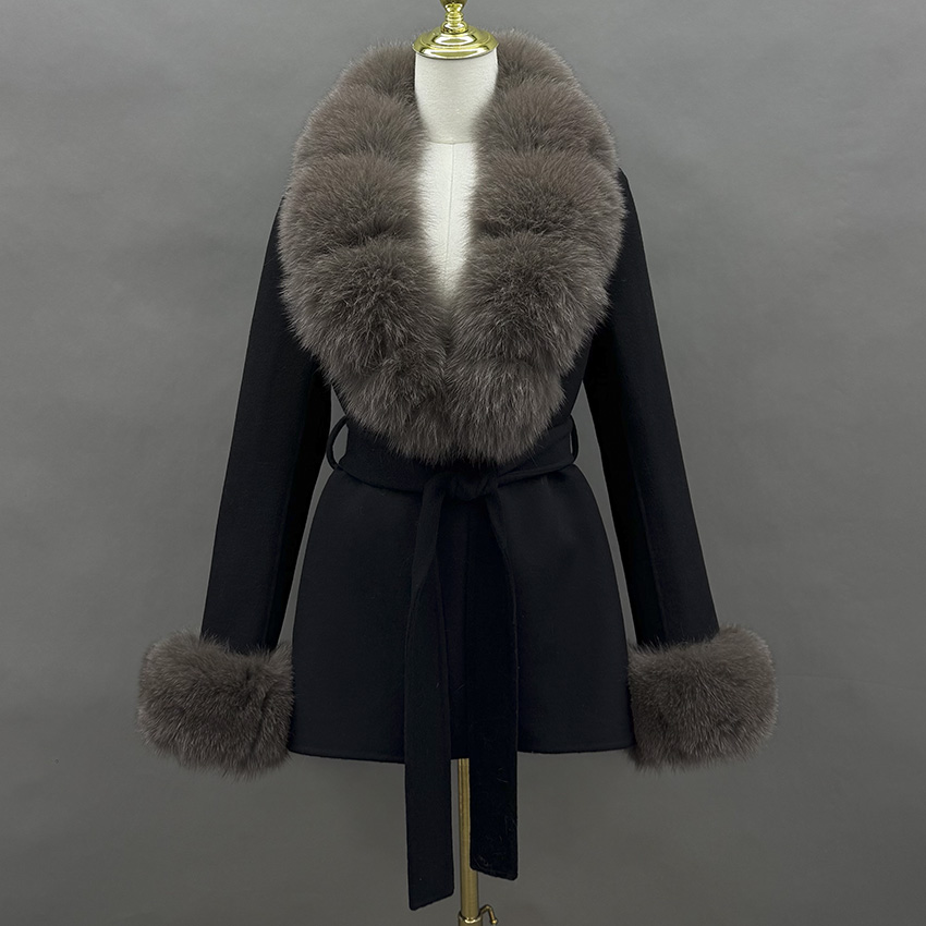 Wool Coat Peacoat - JANEFUR 2026 Wollmantel mit Echtfuchs-Pelzkragen und