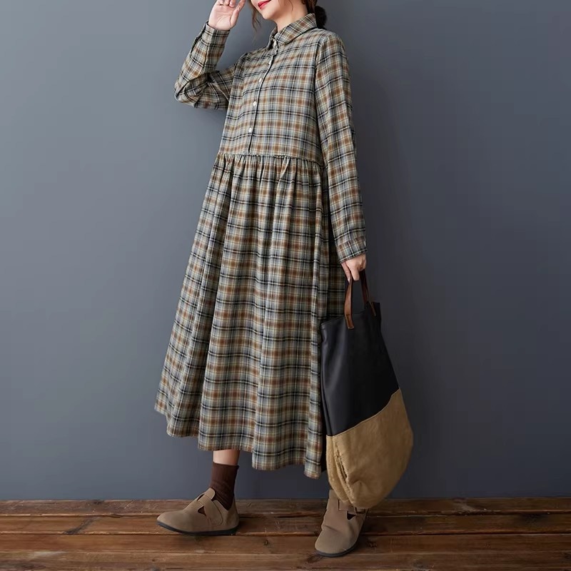 Flannel Shirt Lined - Koreanisches lockeres Retro-Karohemdkleid – Frühlingskleid aus