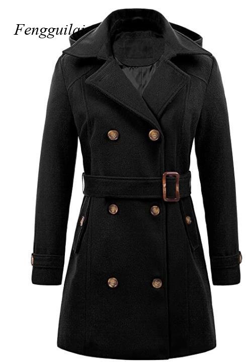 Wool Coat Peacoat - Damen Schwarzer Kapuzen-Doppelreihiger Wollmischung Peacoat mit